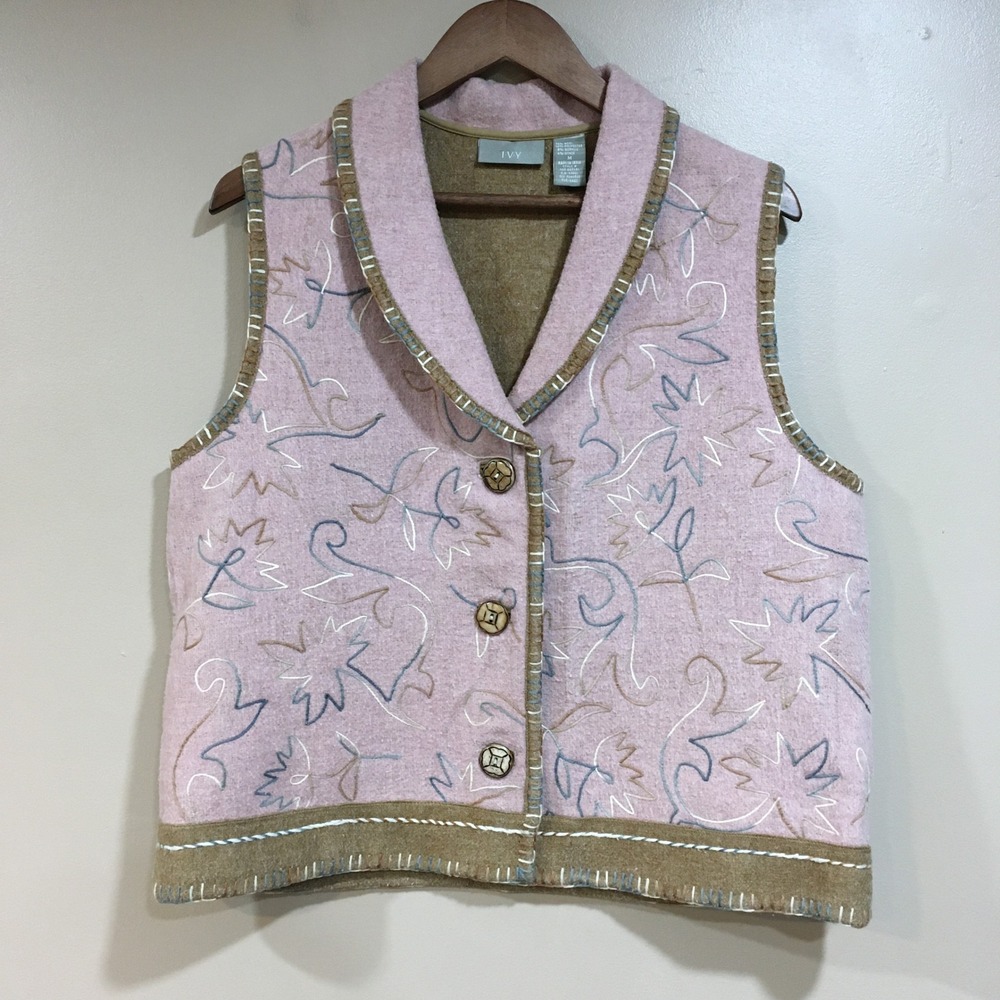 Vintage IVY Embroidered Wool Blend Vest Women M Pink Cottage Grannycore Fall Art